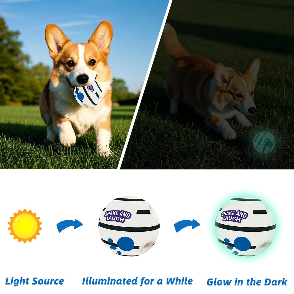 SHAKE AND LAUGH dog toy ball in use during rolling and shaking fun.