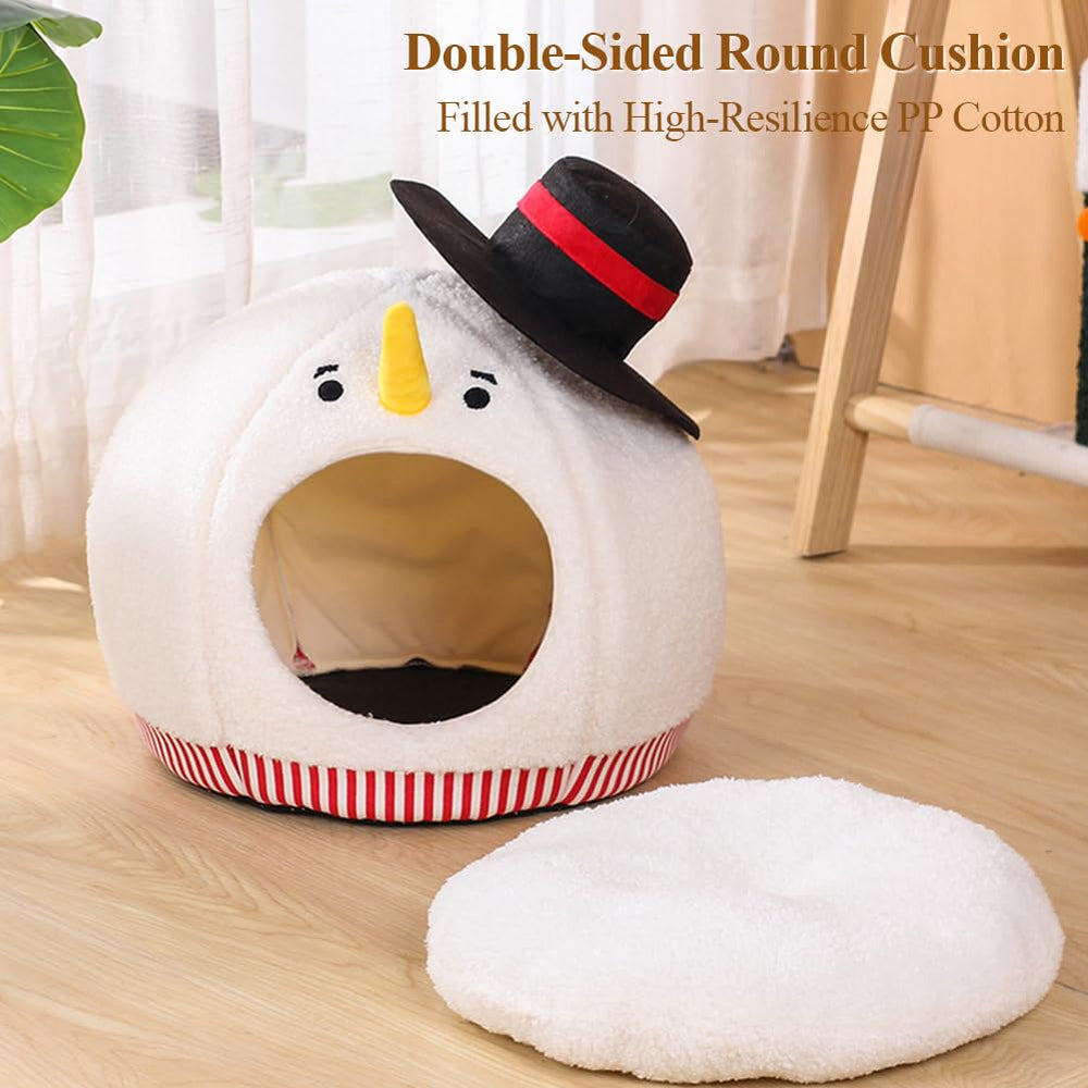 Shapeazy snowman cat bed outer design reveals festive holiday decor charm.