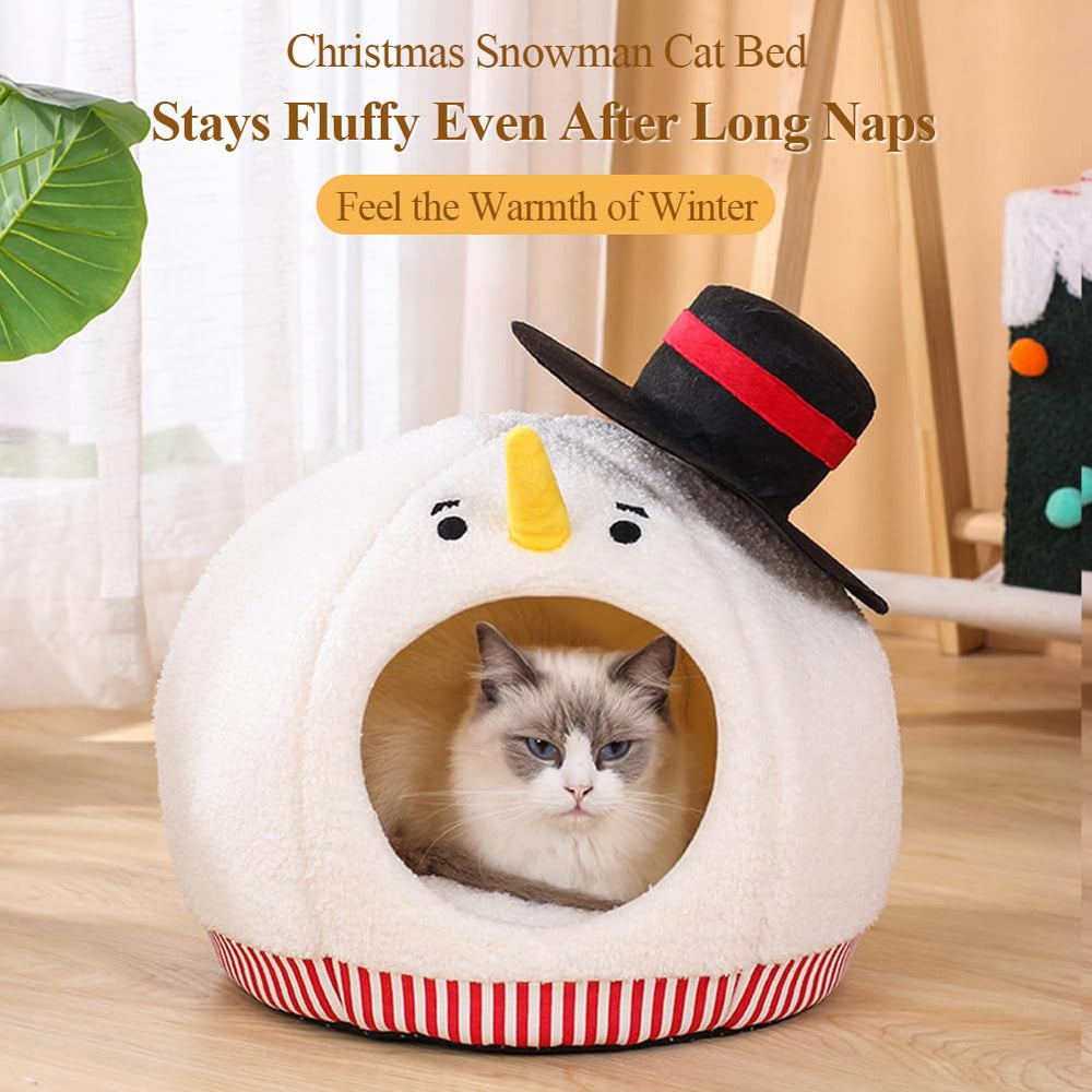 Shapeazy snowman cat bed removable pillow demonstrates easy washing and refresh.