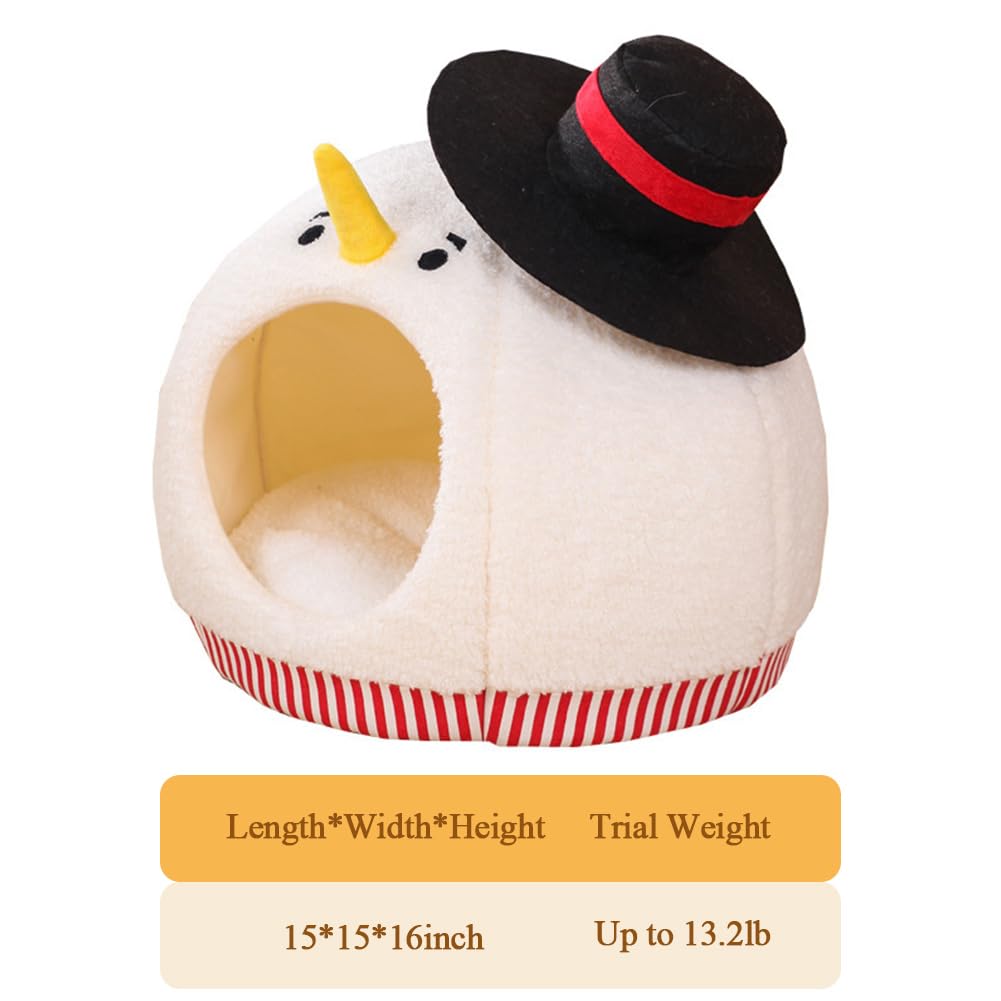 Shapeazy snowman cat bed size diagram shows compact all-season fit for small pets.