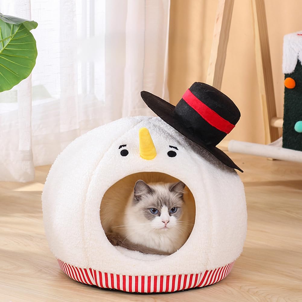 Shapeazy snowman cat bed top view highlights warm, secure hideaway for indoor cats.