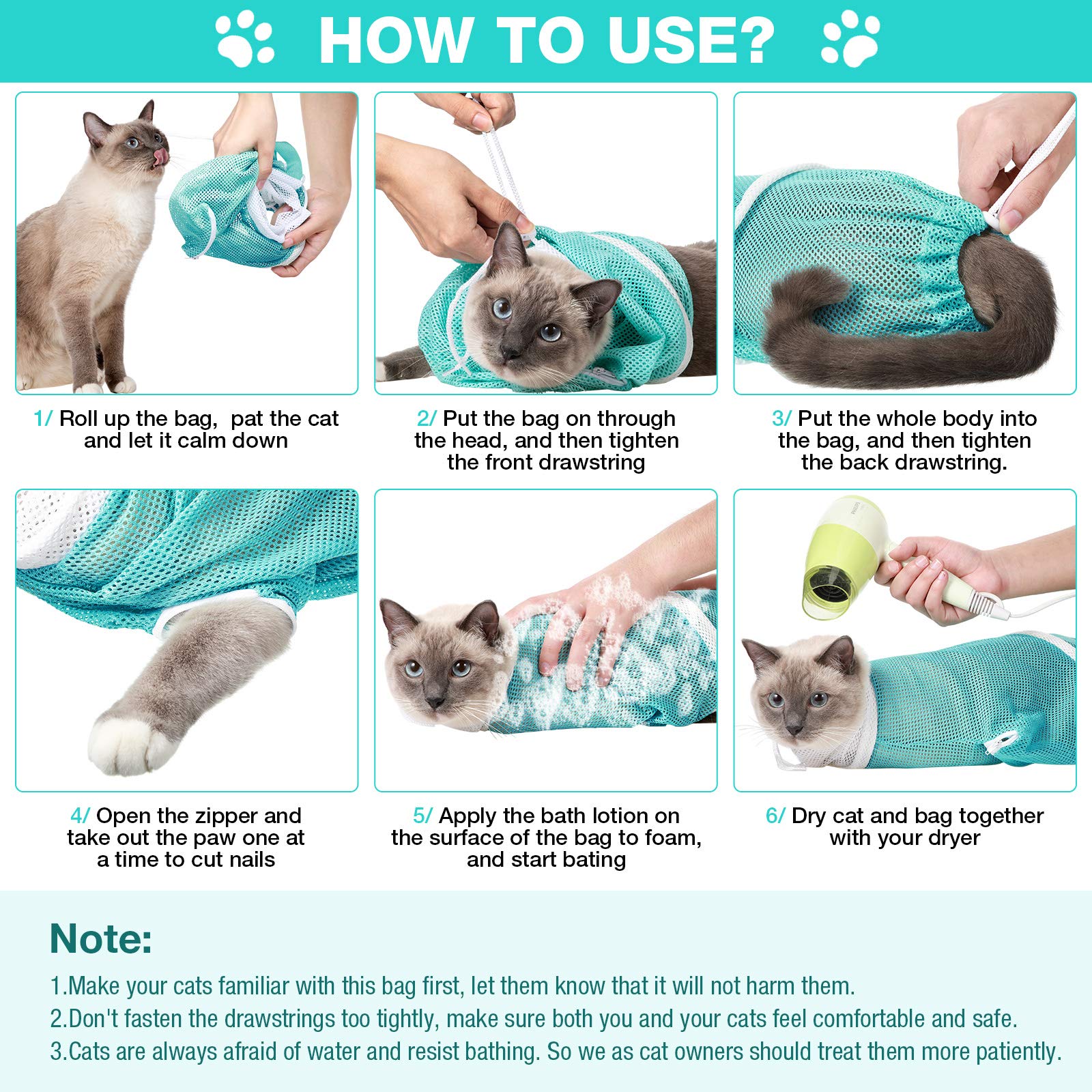 Shappy cat bathing bag with adjustable drawstrings secures posture during handling.