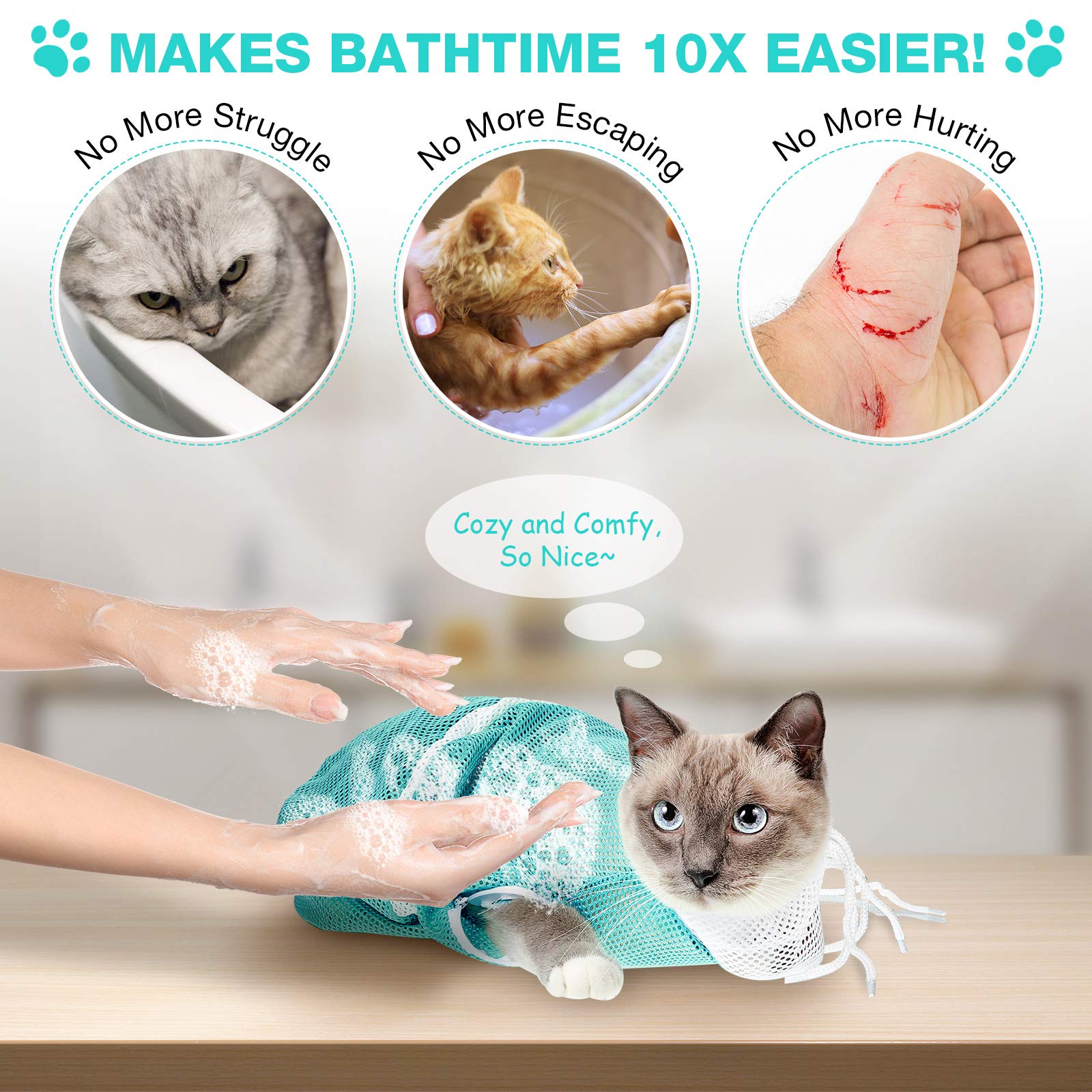 Shappy cat bathing bag green side view offers anti-scratch restraint during grooming.