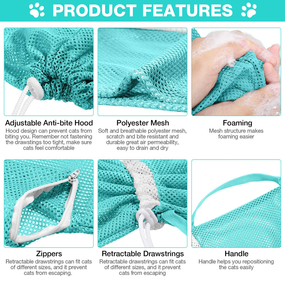 Shappy cat bathing bag zipper design demonstrates single paw release for nail trimming.
