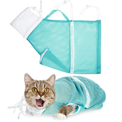 Shappy cat shower net bag green color in use for calm bath time