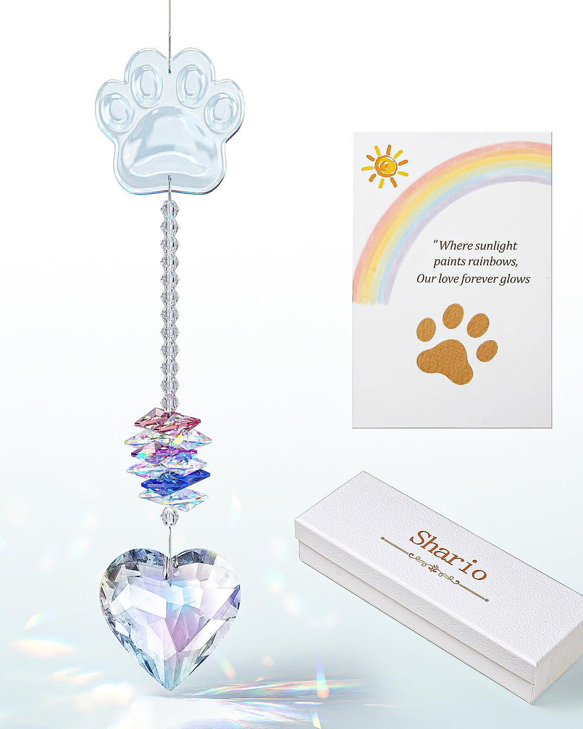 Shario dog memorial crystal suncatcher heart glows in sunlight, symbolizing lasting memory.