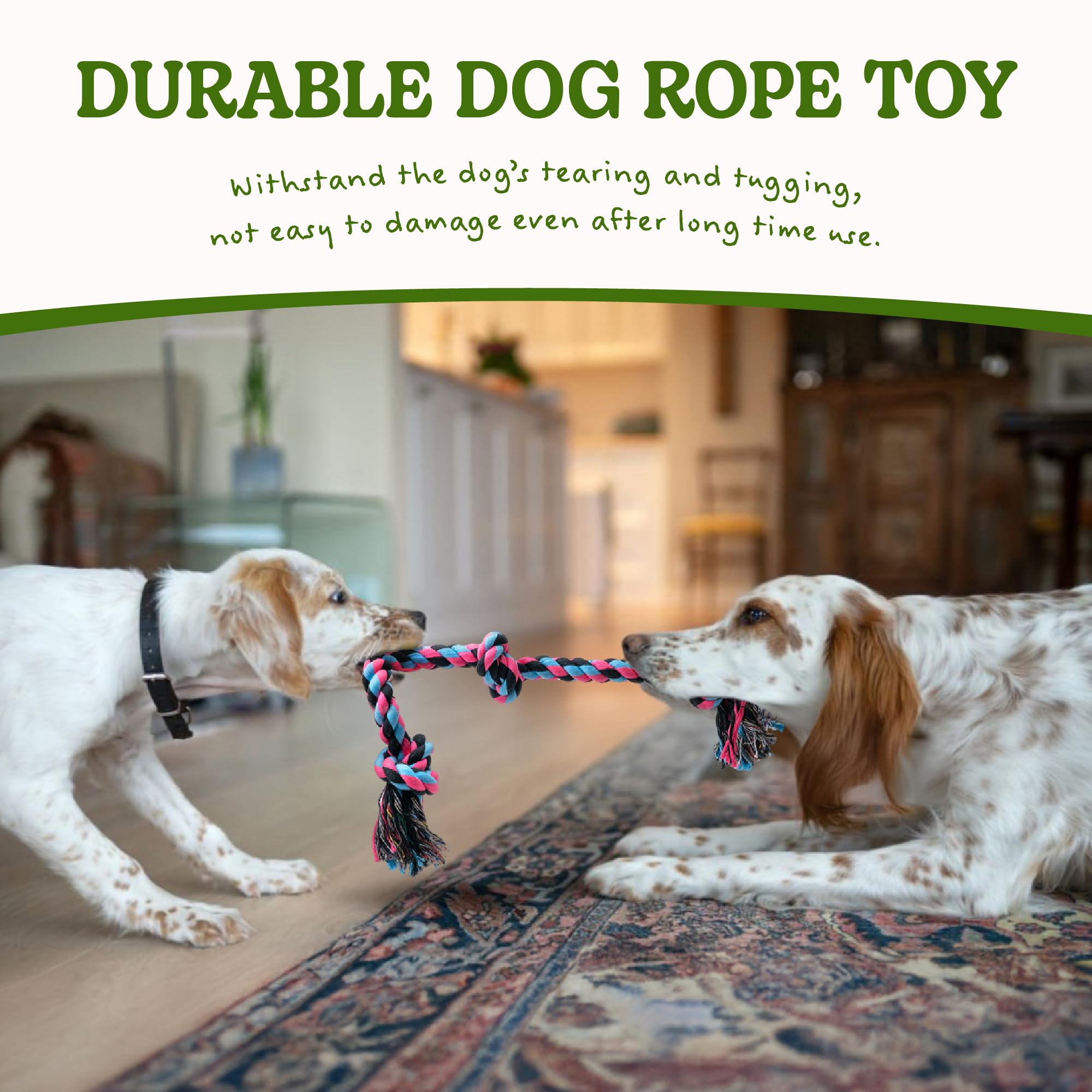 SHARLOVY colorful rope toy captures puppy attention during playtime.