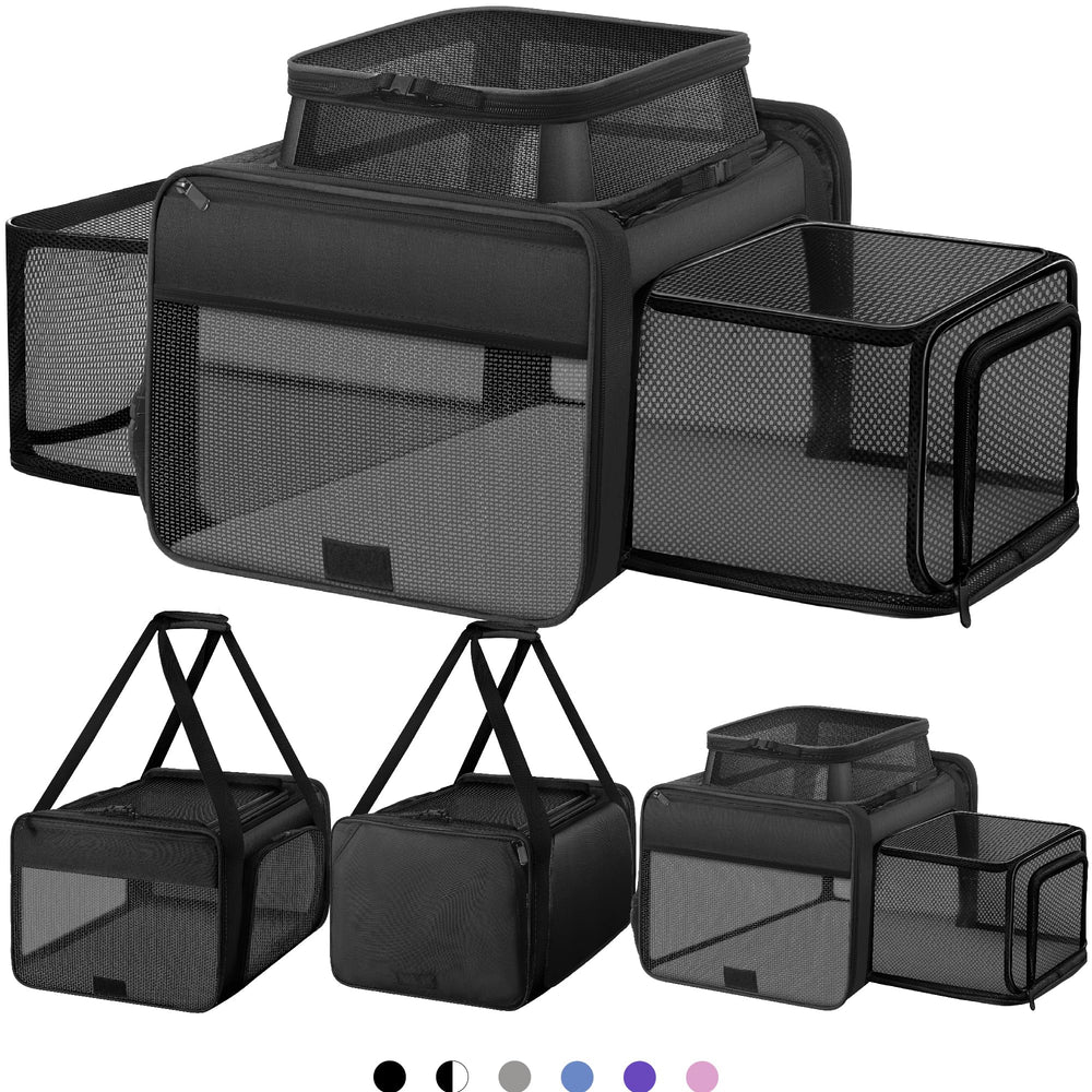 Sharlovy top-loading carrier front view with secure design for calm travels
