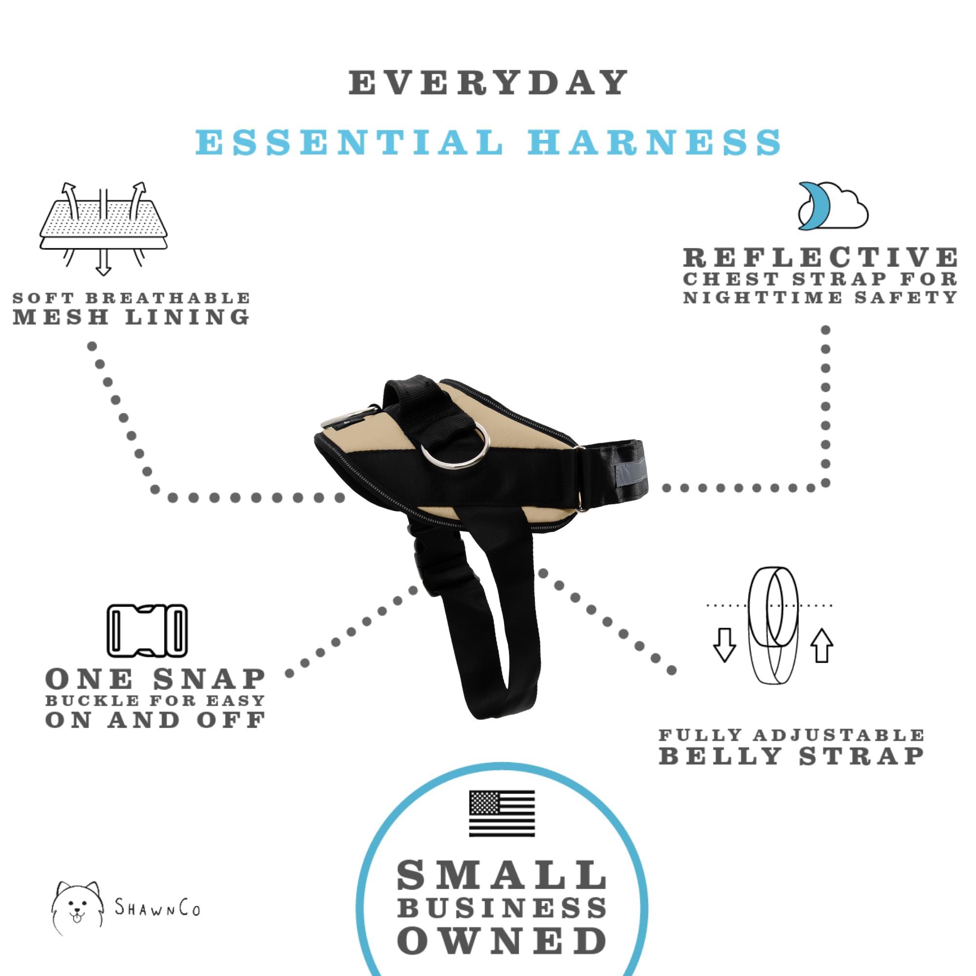 ShawnCo Essential Harness shows three leash attachment points for versatile training options