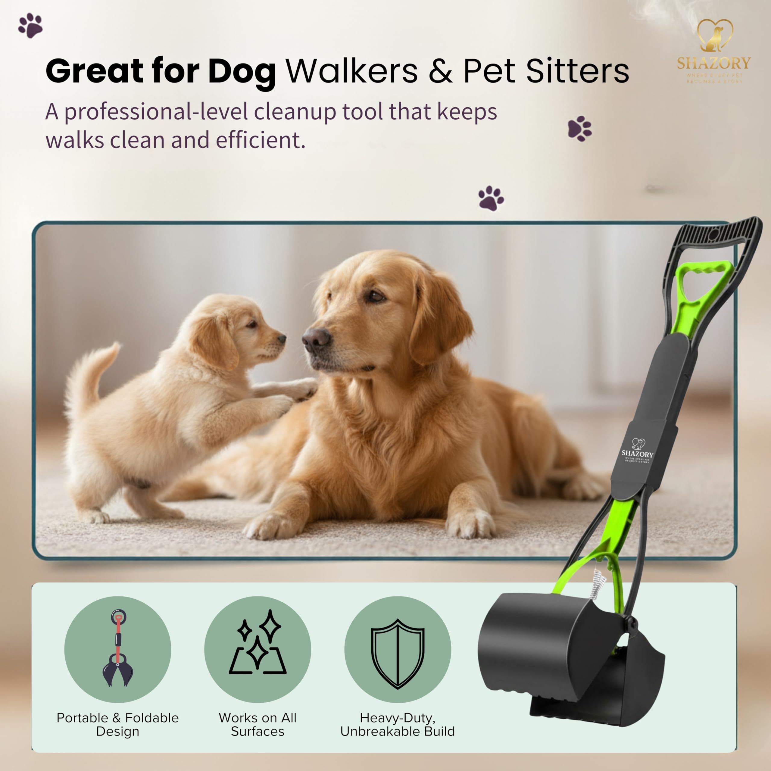 SHAZORY one-handed operation eases pickup during daily dog walks.
