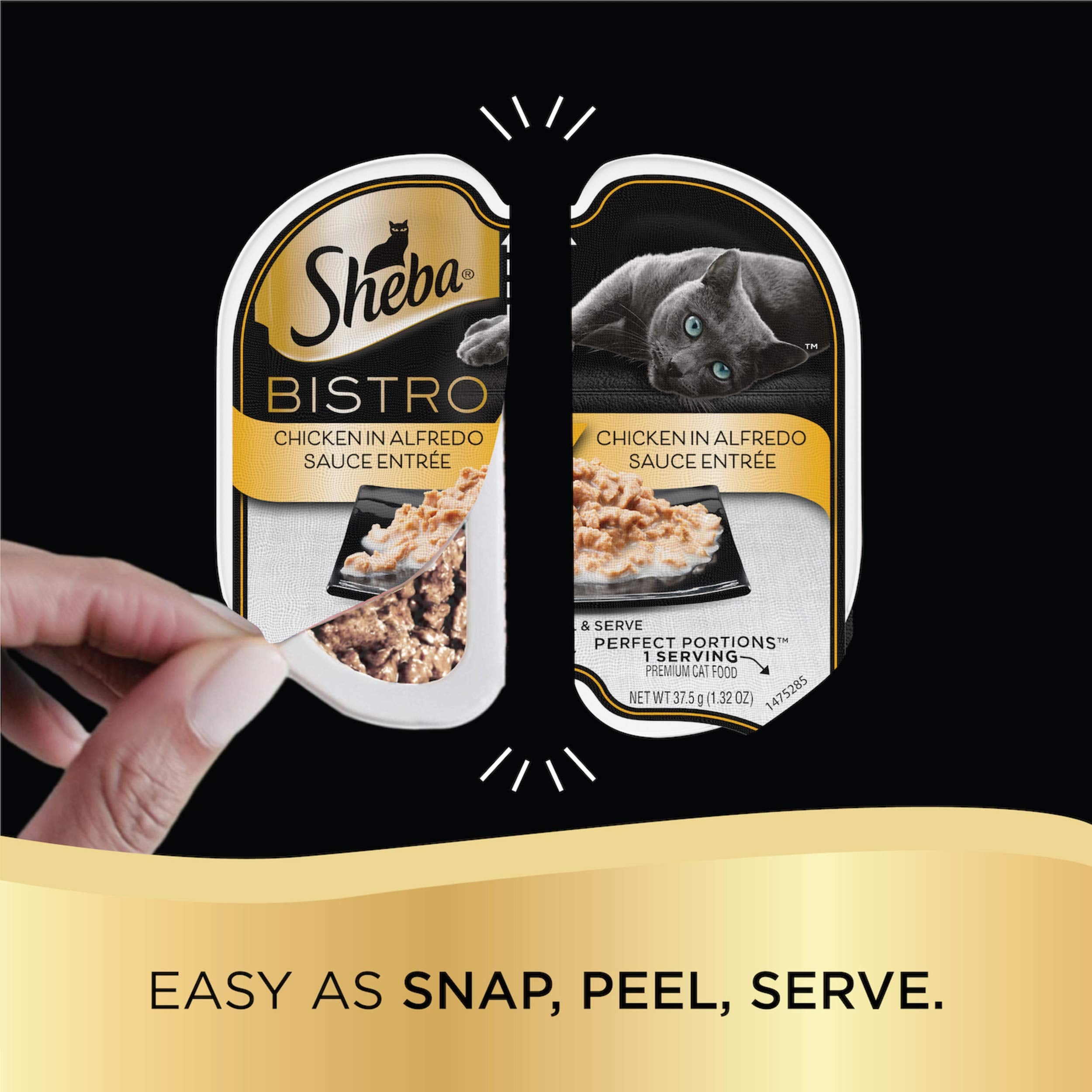 Sheba Easy-Peel Tray Snap-Serve demonstrates mess-free feeding and quick portions.
