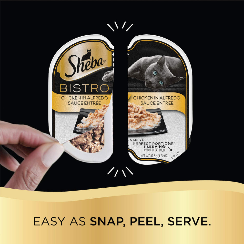 Sheba Easy-Peel Tray Snap-Serve demonstrates mess-free feeding and quick portions.