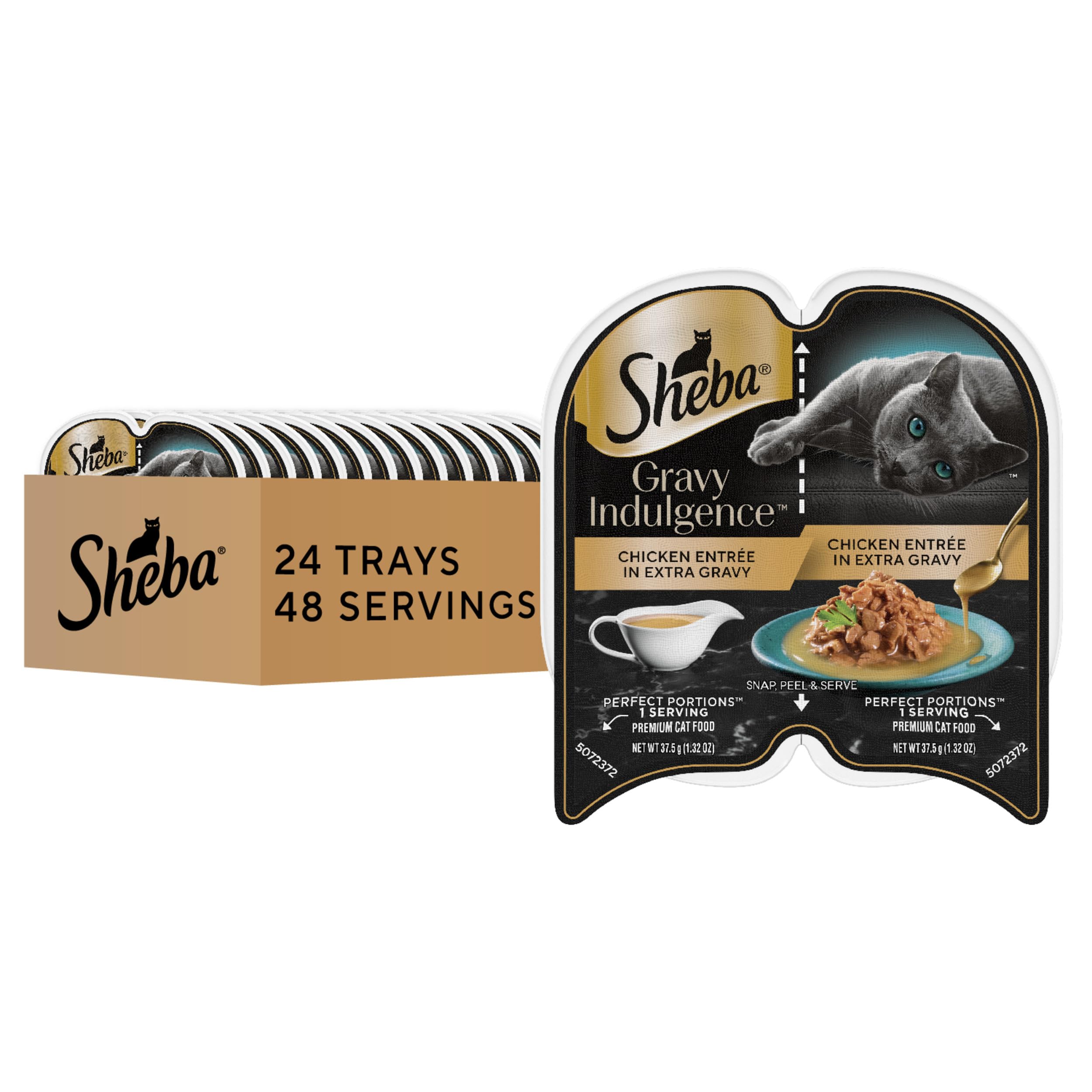 Sheba Gravy Indulgence chicken entree with extra gravy in serving dish for cats