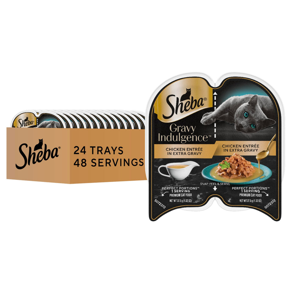 Sheba Gravy Indulgence chicken entree with extra gravy in serving dish for cats