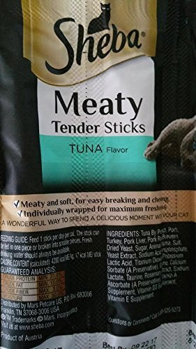 Sheba meaty tender sticks tuna serving on dish for rewards.