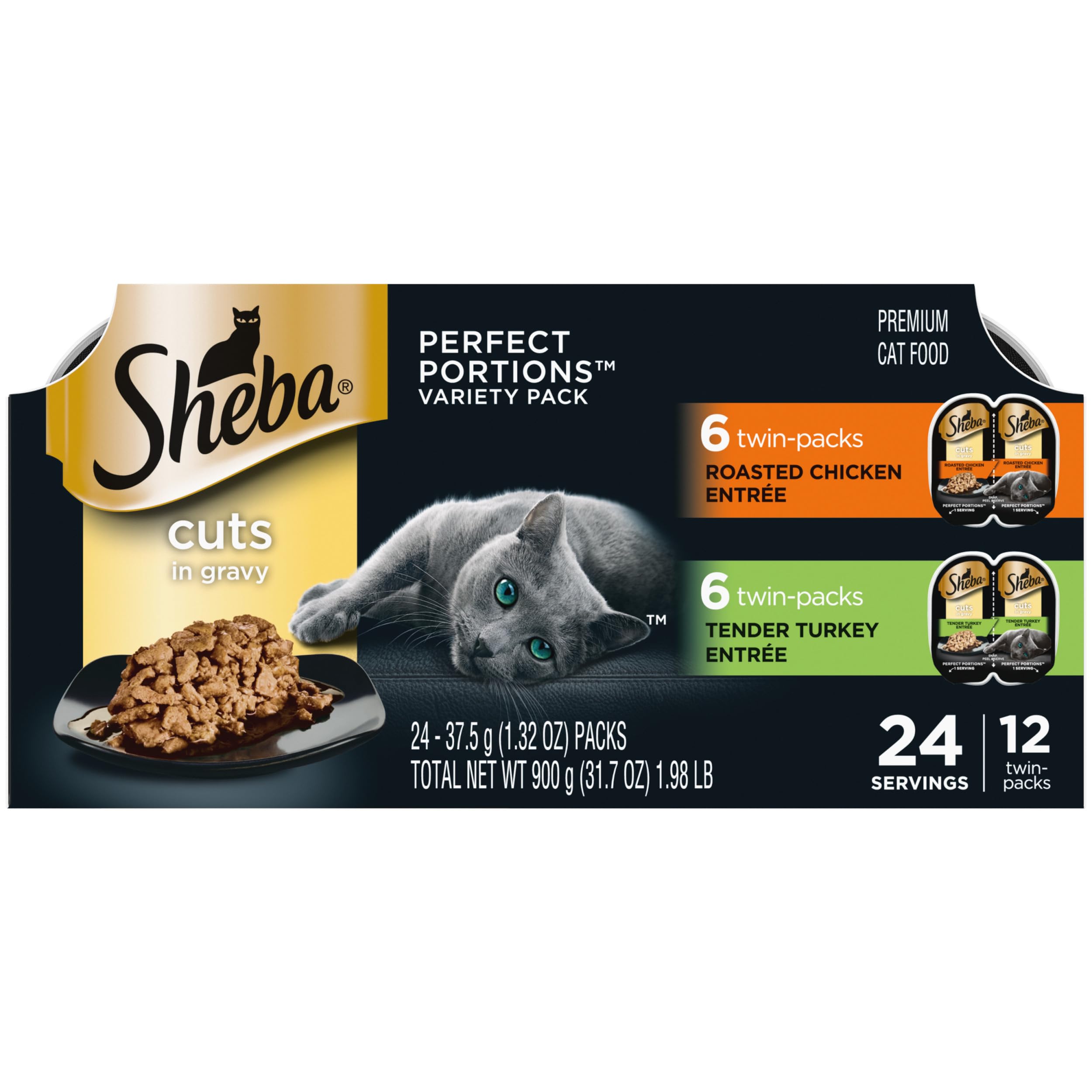 Sheba Perfect Portions chicken cuts in gravy tray, two-serving pack for mess-free meals.