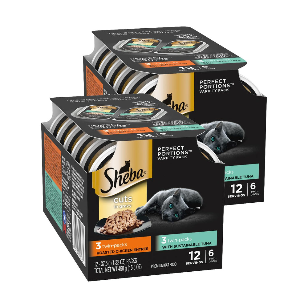 Sheba Perfect Portions chicken entree in gravy served in twin-pack trays, protein-rich meal.
