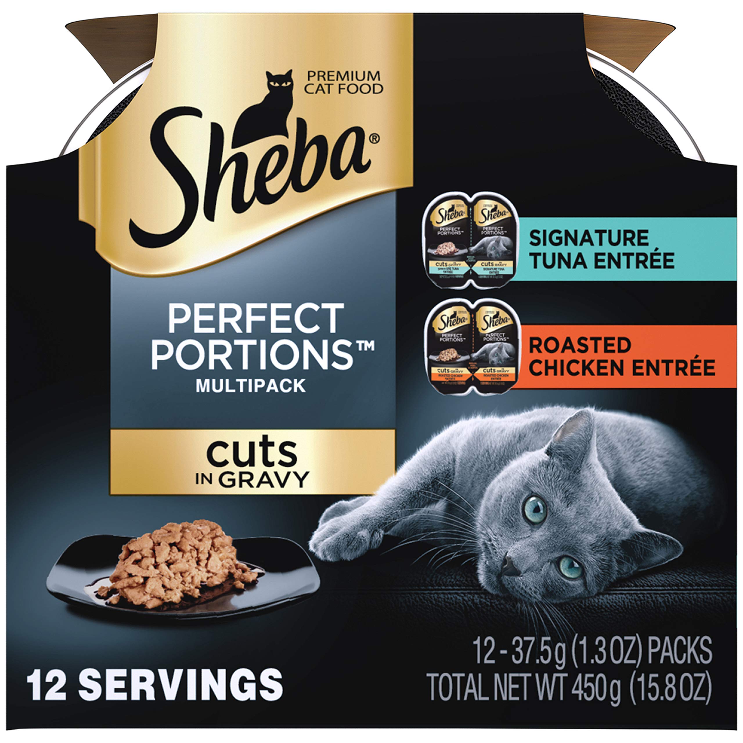 Sheba Perfect Portions tuna entree in gravy being served for convenient, mess-free cat meals.