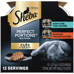 Sheba Perfect Portions tuna entree in gravy being served for convenient, mess-free cat meals.