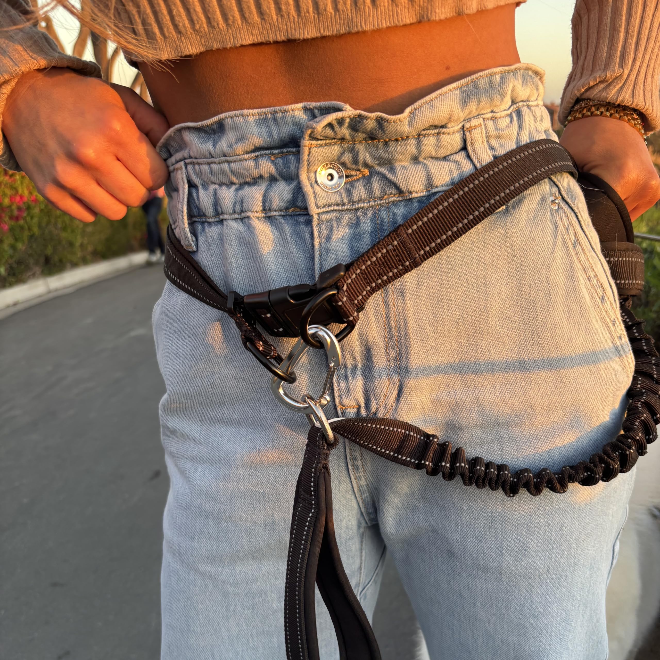 Shed Defender carabiner-secure attachment shows quick leash connection during runs.