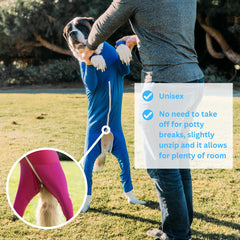Shed Defender dog onesie with snug fit promotes calm during storms or travel.