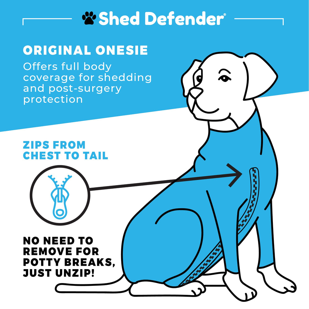 Shed Defender Original dog onesie shields from ticks and burrs on hikes.