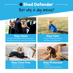 Shed Defender outdoor protection on a dog guards against ticks and burrs.