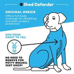 Shed Defender recovery suit on a dog post-surgery helps protect the site.