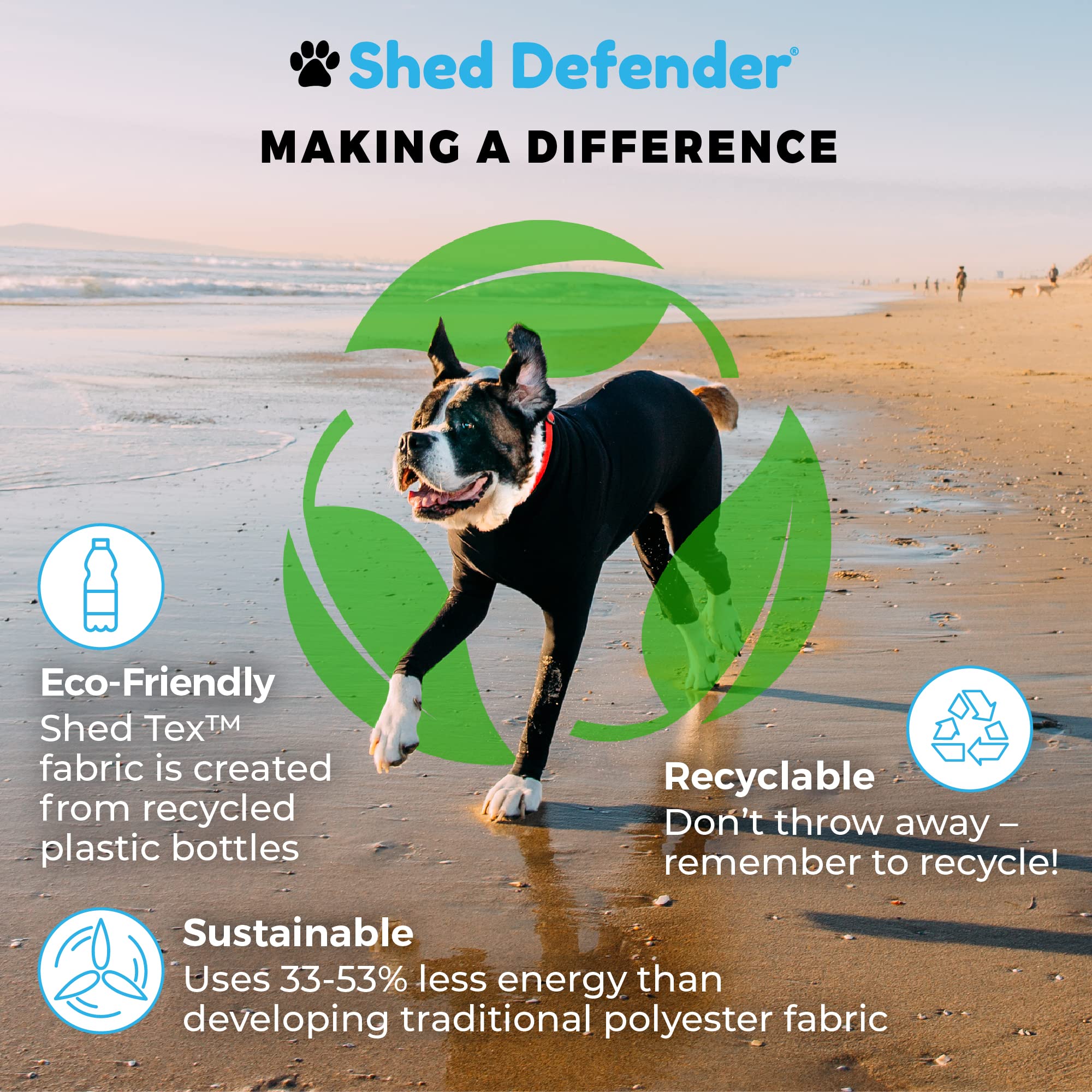 Shed Defender Sport dog onesie eco-fabric Shed-Tex supports sustainability