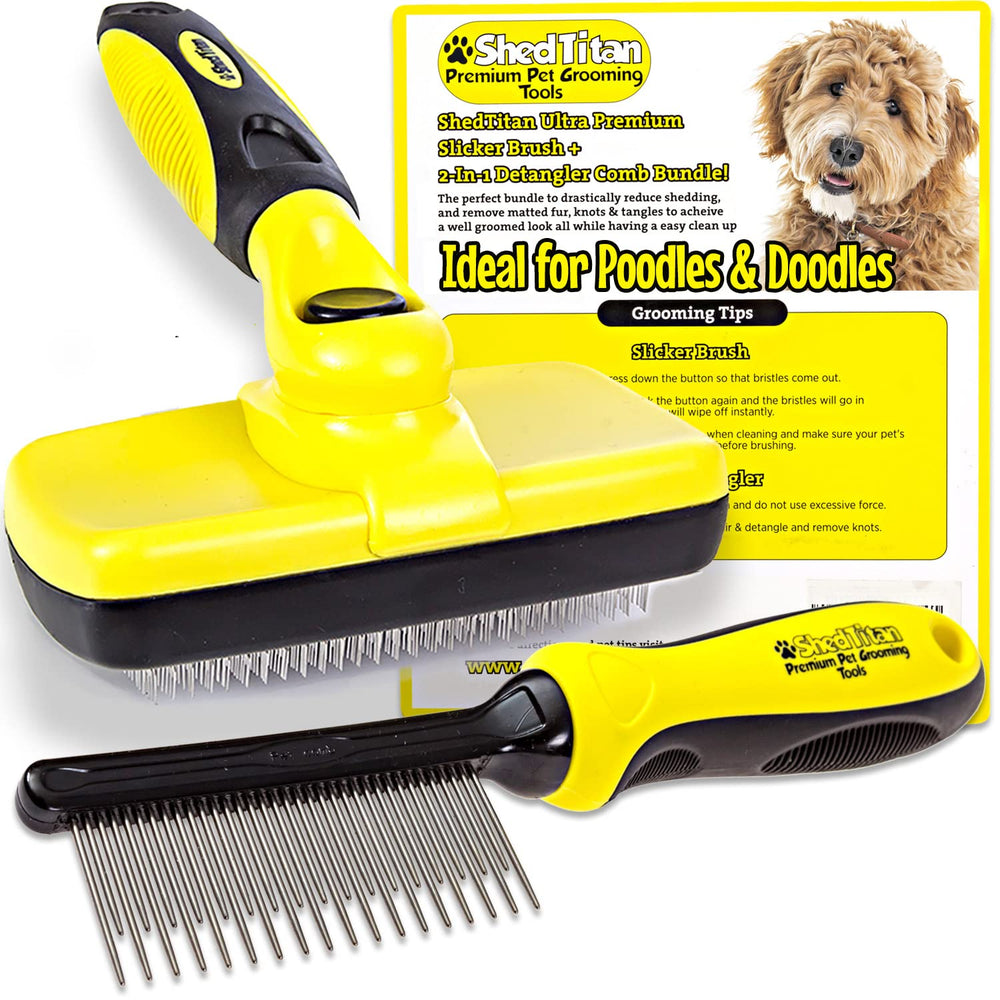 ShedTitan Doodle Brush Slicker with ergonomic handle enables comfortable doodle grooming sessions.