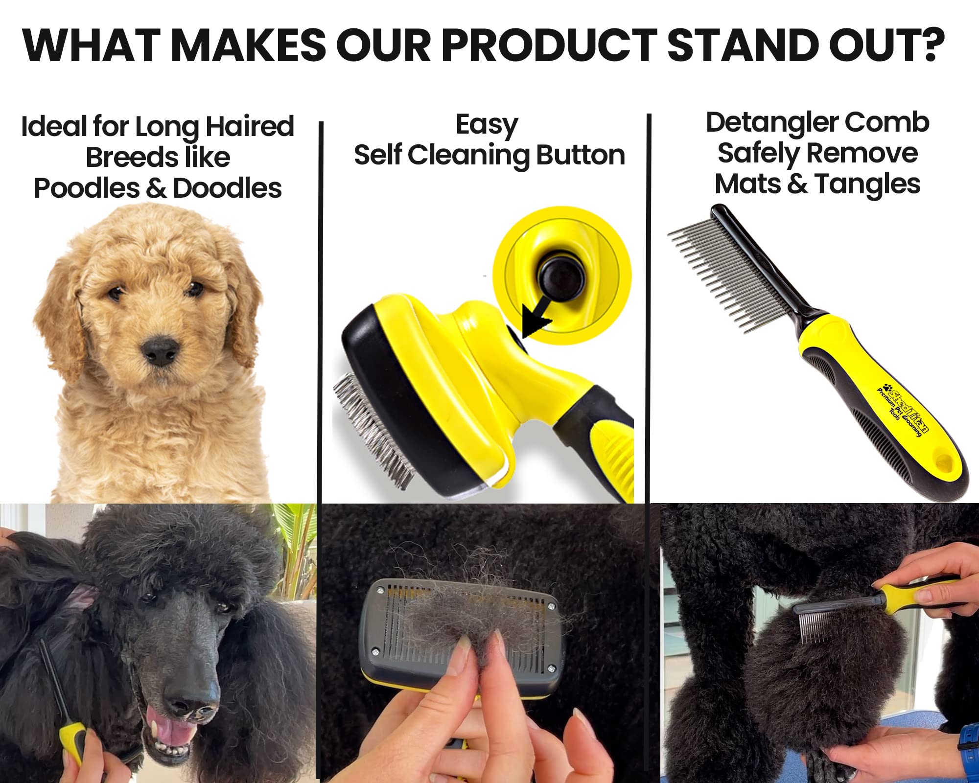 ShedTitan self-cleaning slicker bristles retract for quick, easy cleanup during grooming.