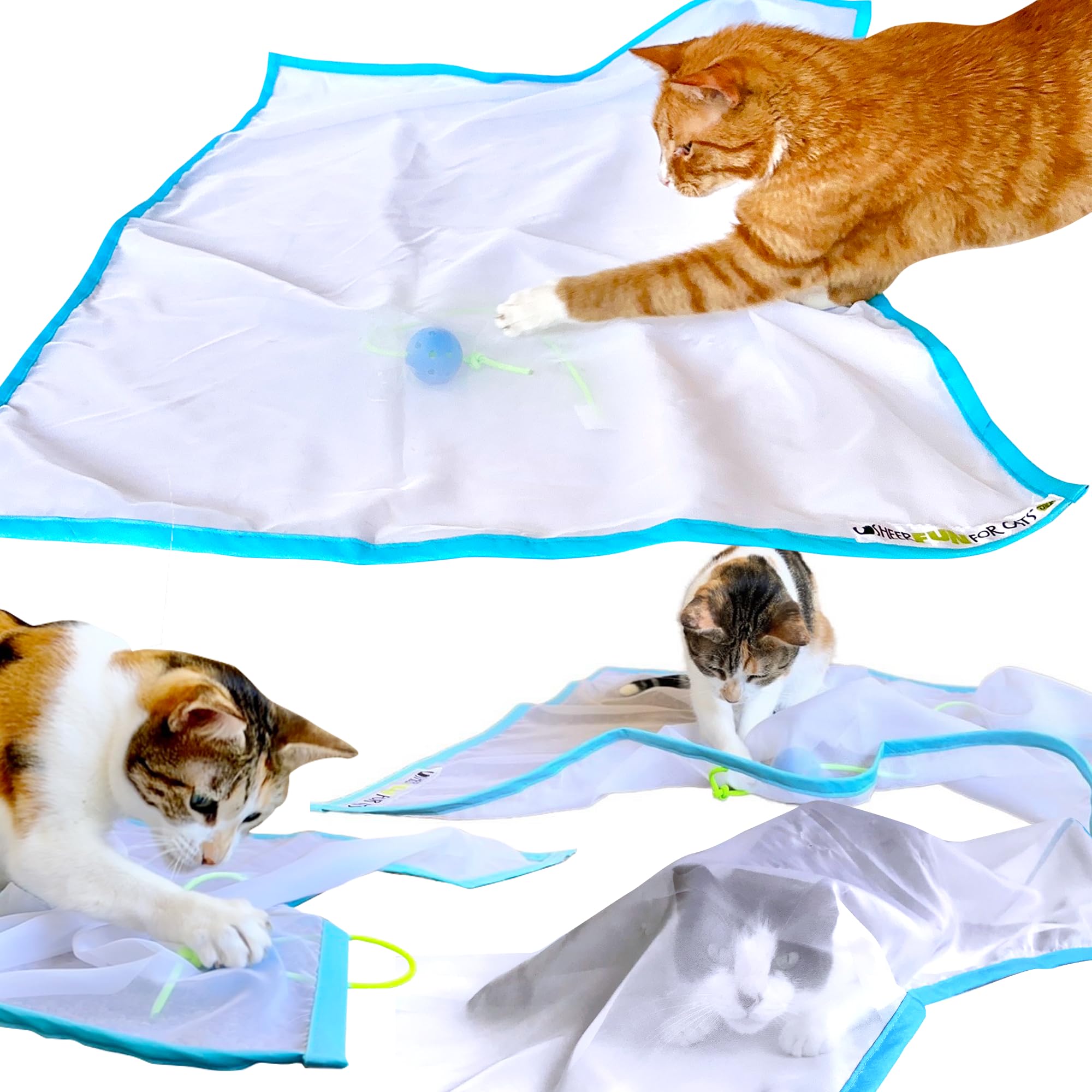 Sheer Fun For Cats toy shows blue-white fabric closeup with crinkle edges for quiet interactive play.