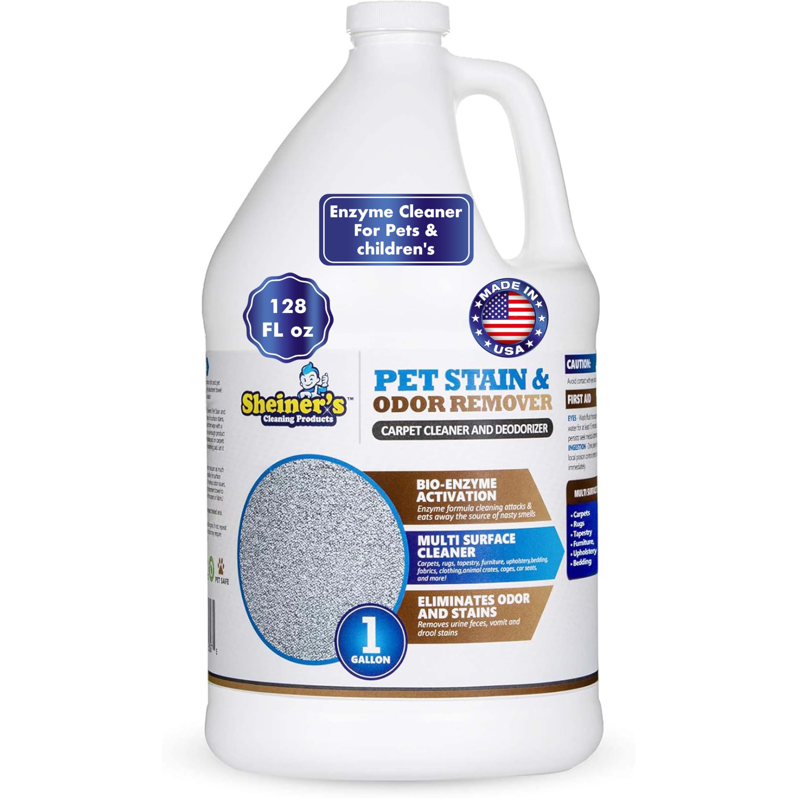 Sheiner's Pet Urine Enzyme Cleaner bottle pour shows deep stain lifting at the source