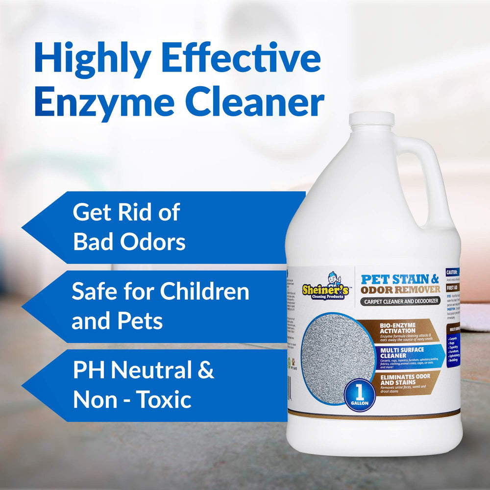 Sheiner's Pet Urine Enzyme Cleaner spray bottle enables quick carpet spot treatment