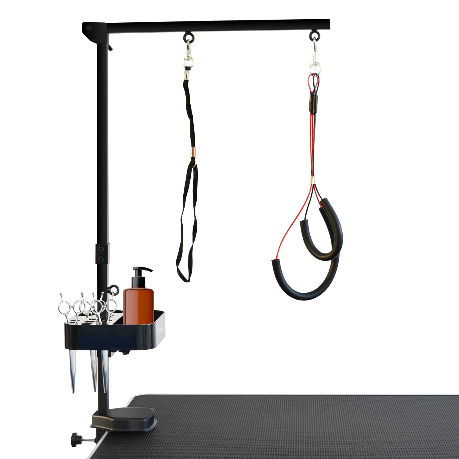 SHELANDY grooming arm clamp fits tables up to 1.96 inches thick for sturdy mounting.