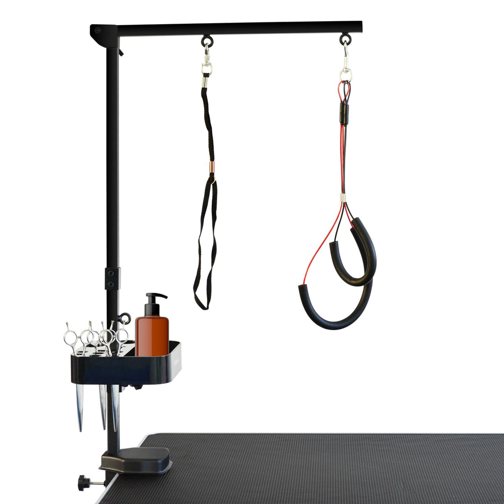 SHELANDY grooming arm clamp fits tables up to 1.96 inches thick for sturdy mounting.