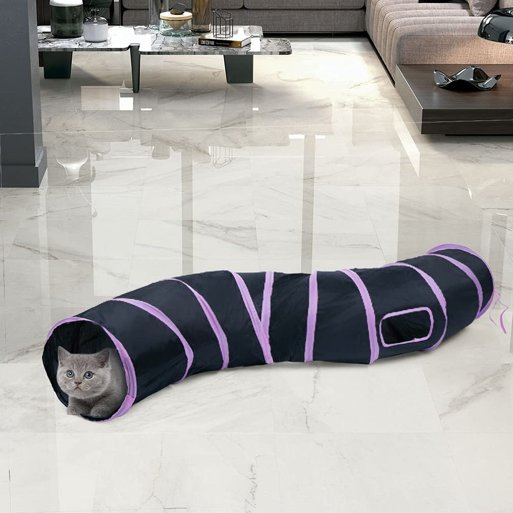 Kitten using the Sheldamy Cat Tunnel for safe indoor exploration.