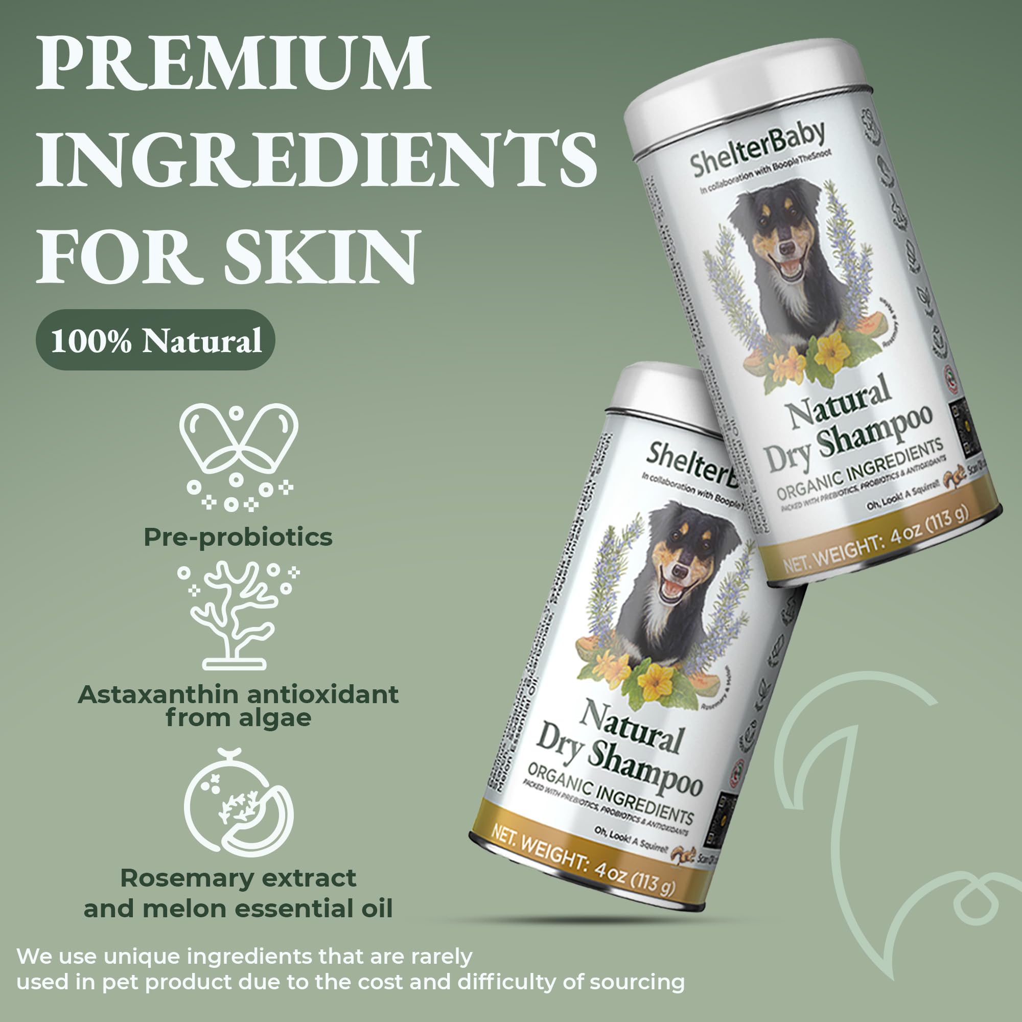 ShelterBaby dry shampoo mild scent keeps dogs smelling fresh between baths.