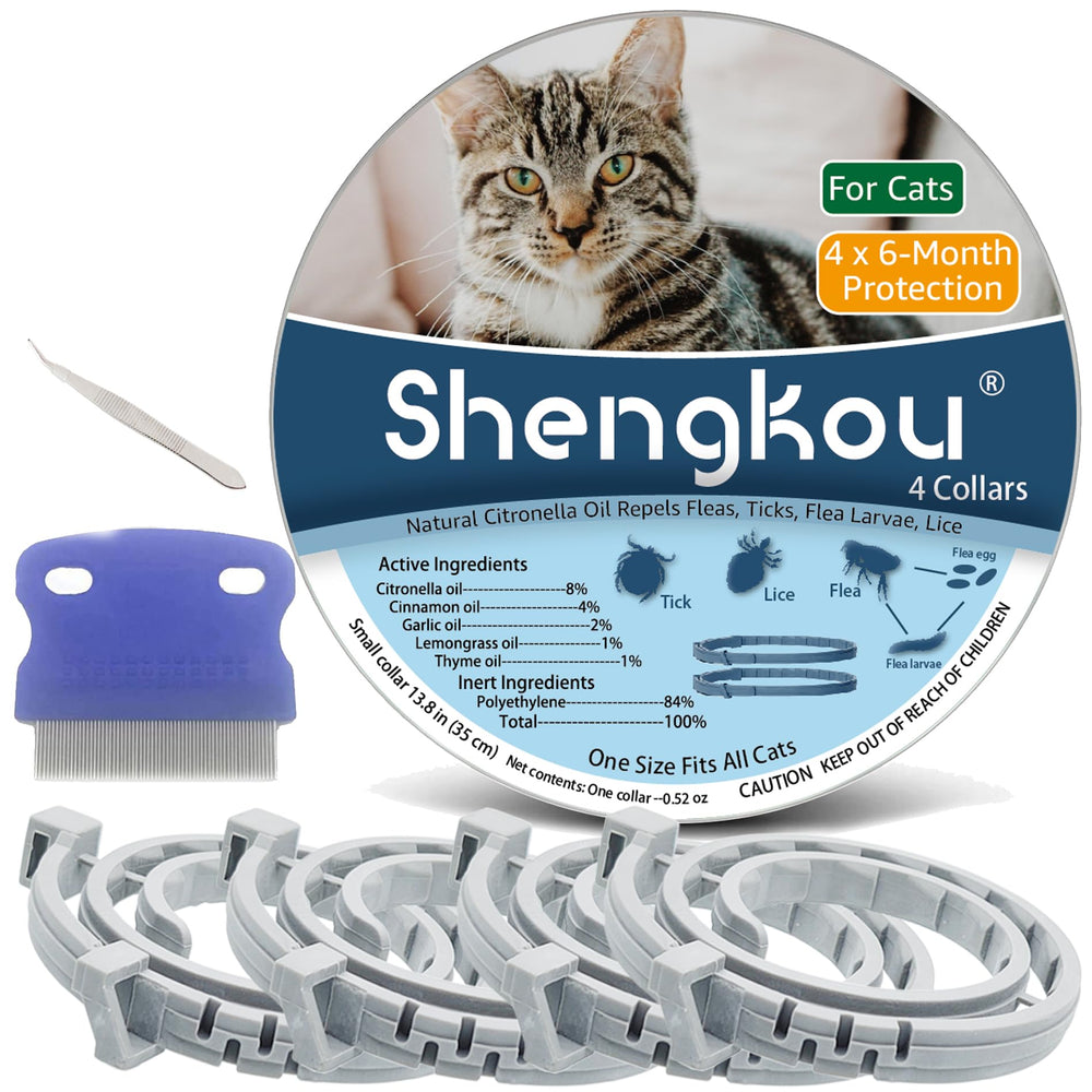 ShengKou flea and tick collar 4-pack packaging showcases safe, natural protection for cats.