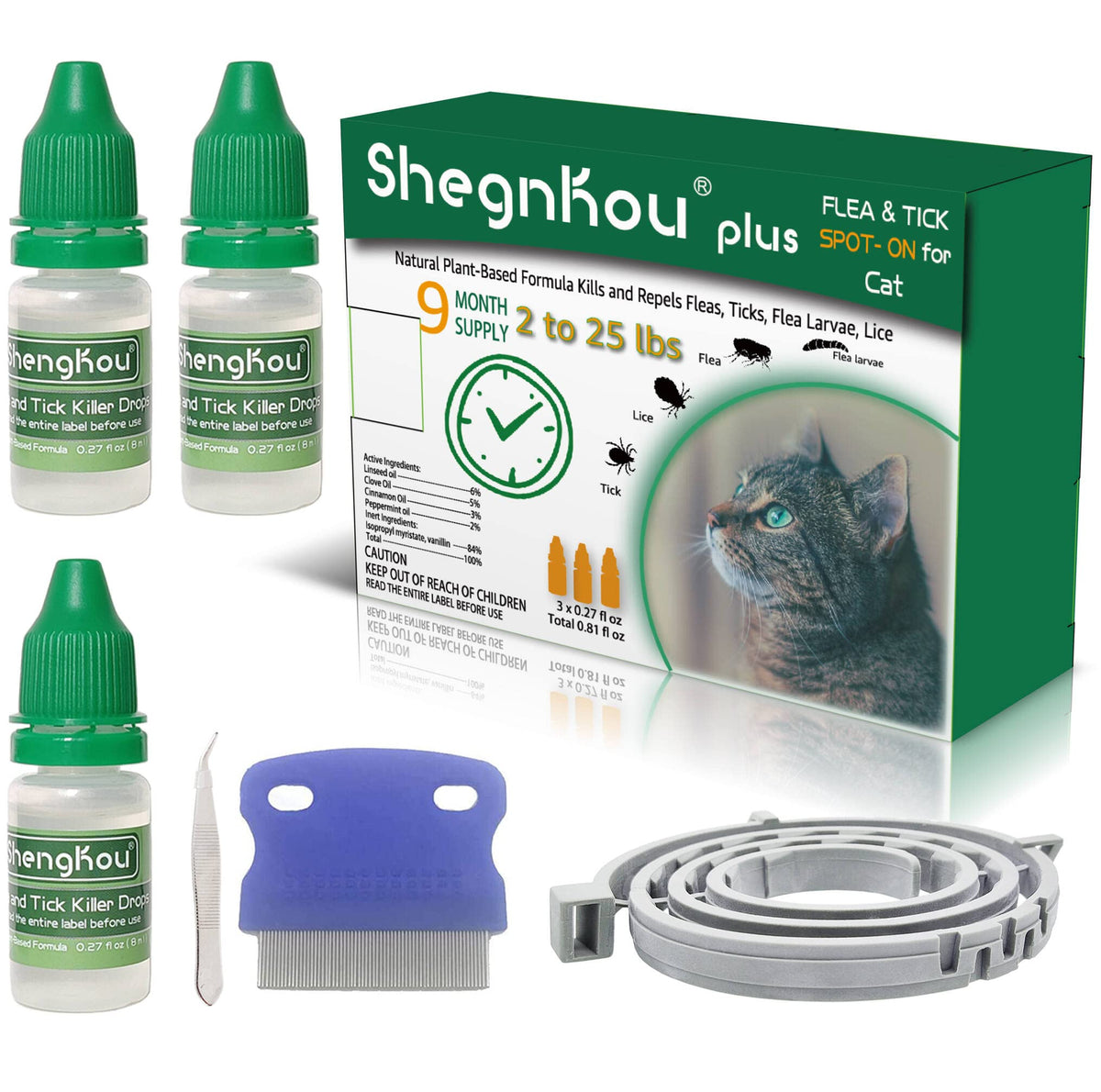 ShengKou Natural Flea Treatment packaging shows vet-approved plant-based formula for cats.