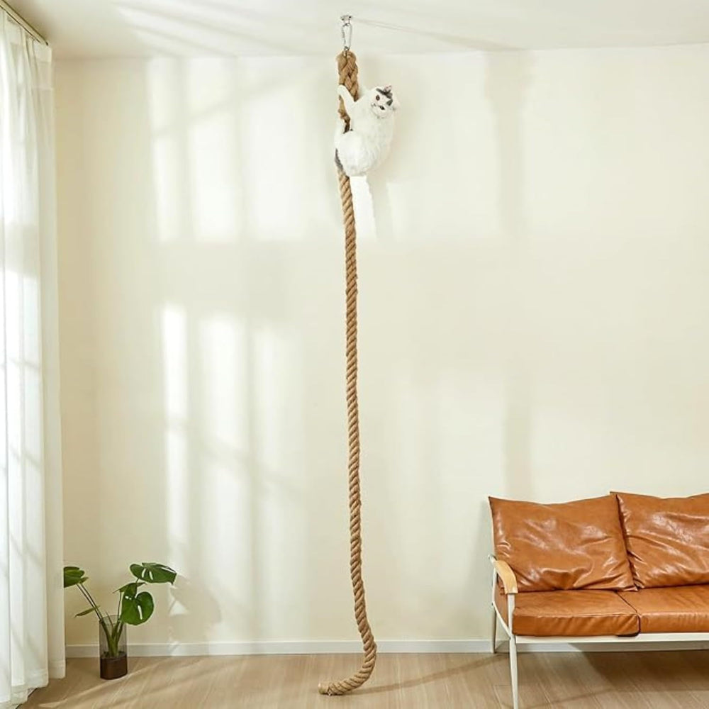SHENGOCASE cat climbing rope with ceiling hook demonstrates secure indoor setup for climbing fun.