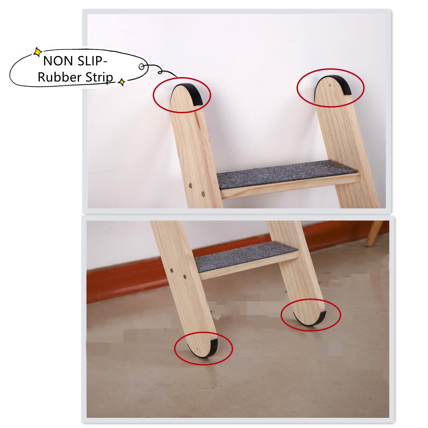 SHENGOCASE solid wood ladder features non-slip strips enhancing stable climbing and safety.