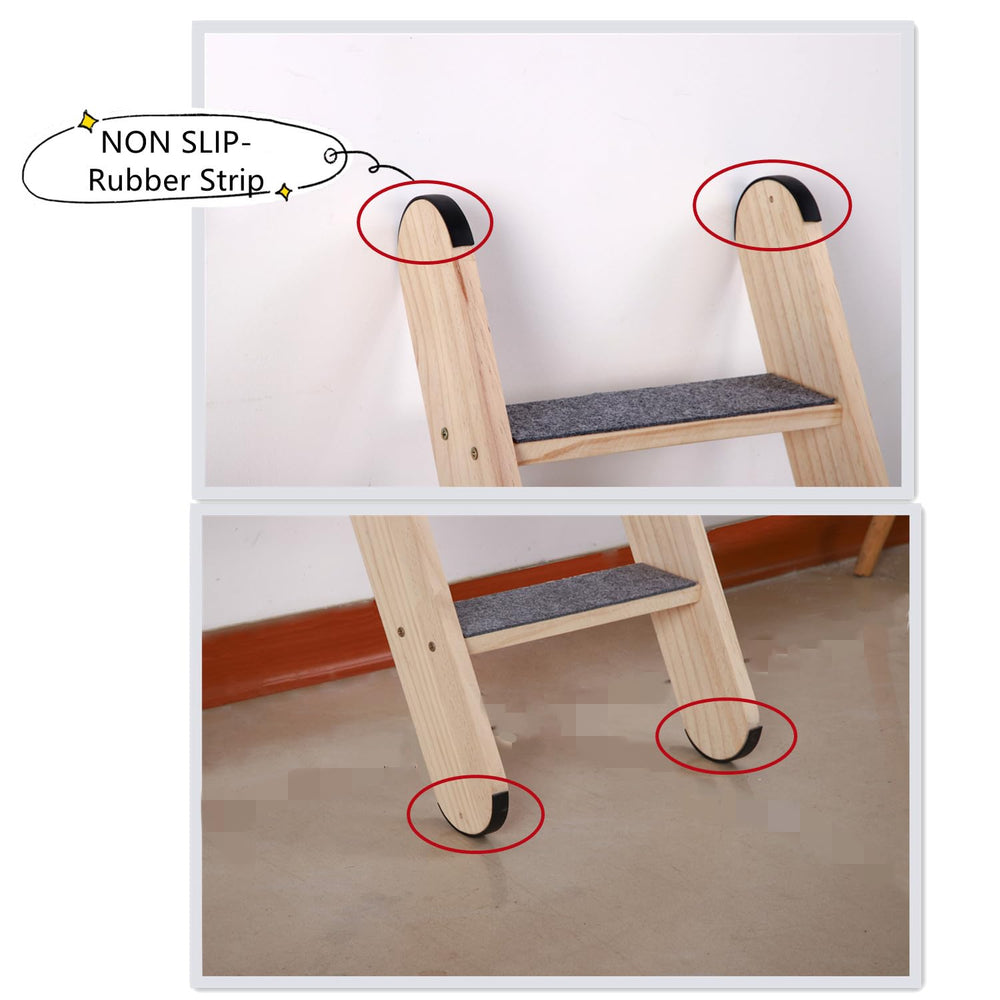 SHENGOCASE solid wood ladder features non-slip strips enhancing stable climbing and safety.
