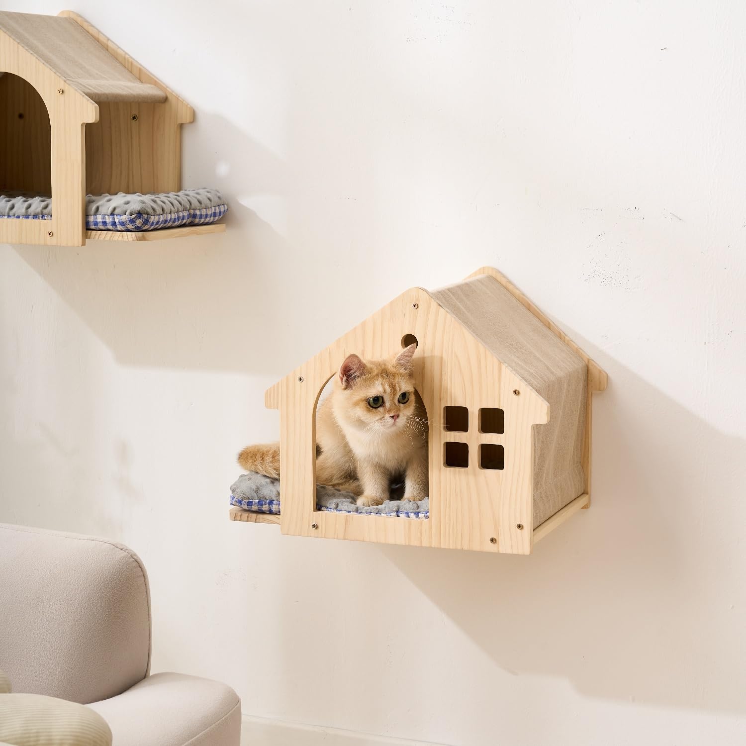 SHENGOCASE natural wood finish cat wall shelf blends with decor