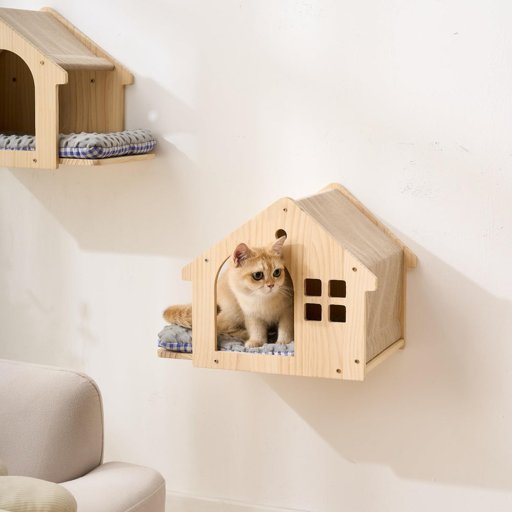 SHENGOCASE natural wood finish cat wall shelf blends with decor