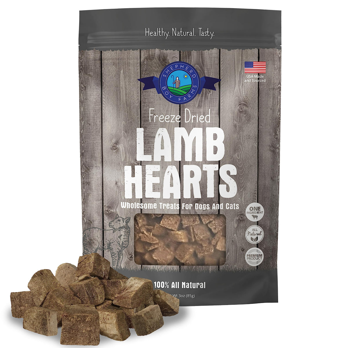 Shepherd Boy Farms, corazón de cordero liofilizado para perros y gatos, sabor natural y proteína.