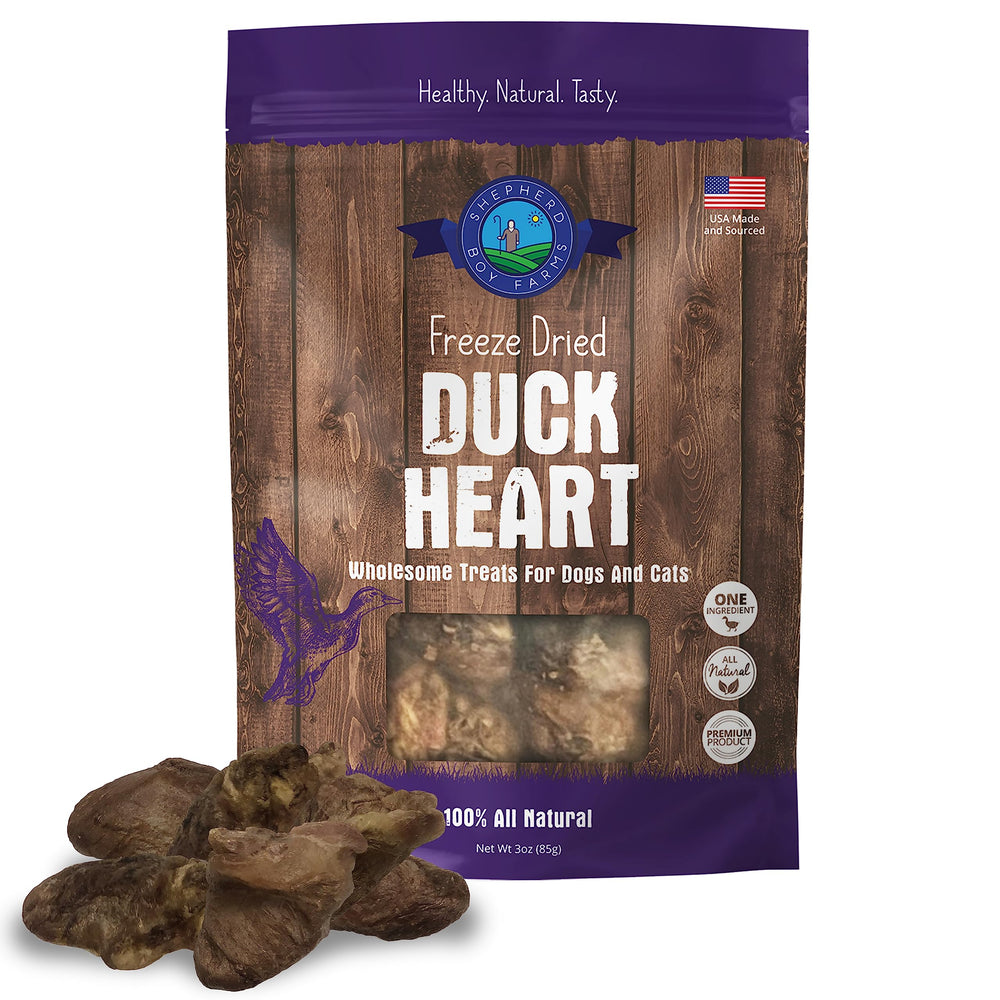 Shepherd Boy Farms packaging for freeze-dried duck heart treats—single-ingredient USA snack.