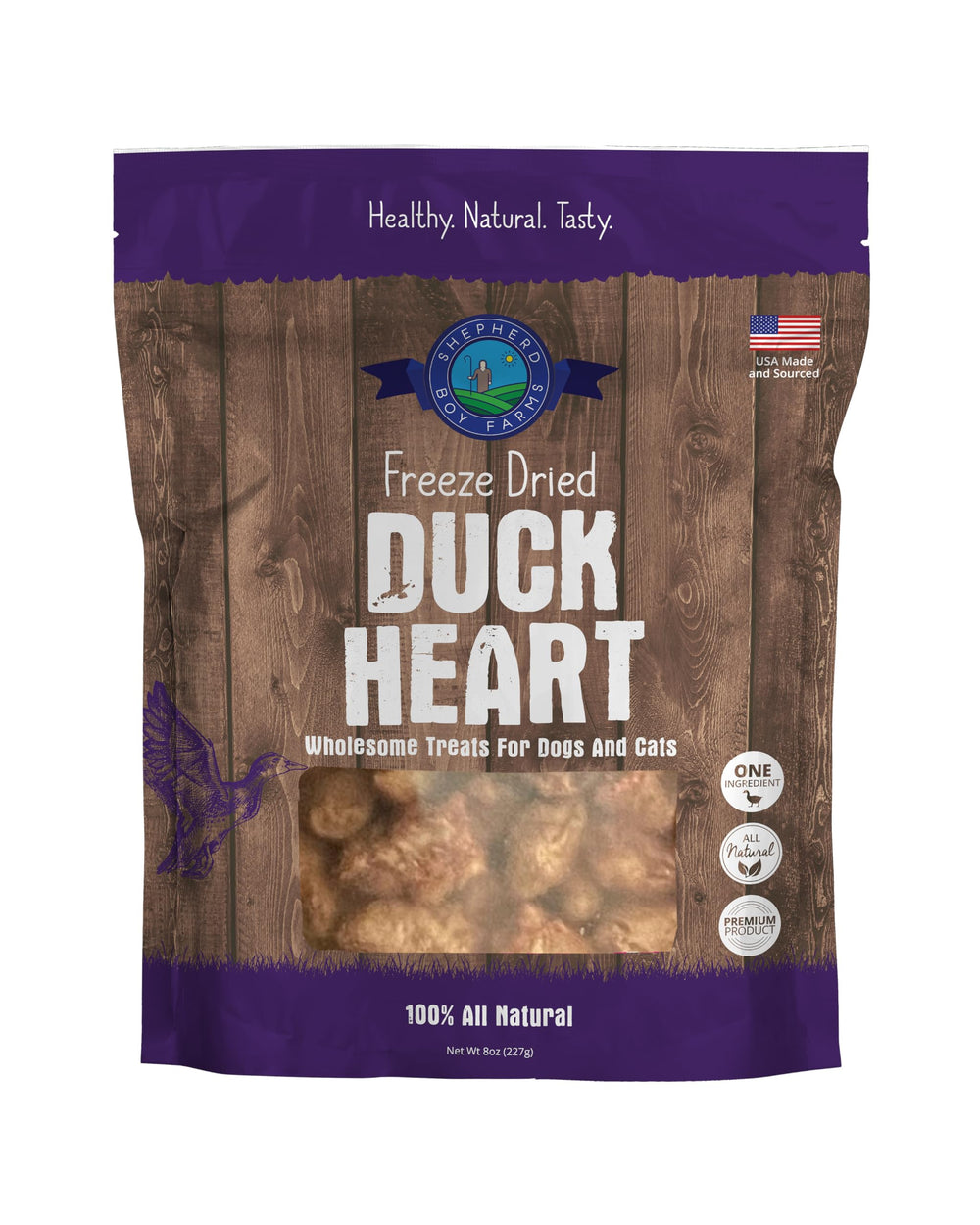 Shepherd Boy Farms duck heart treats packaging shows USA-made labeling for trusted sourcing