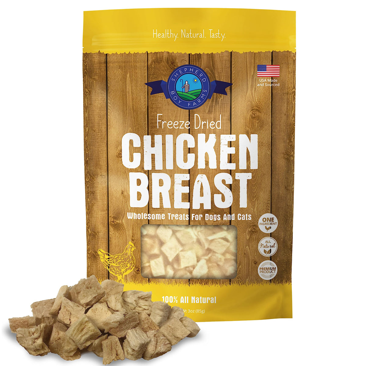Shepherd Boy Farms envase con premios de pollo para perros y gatos, snack práctico y sabroso.