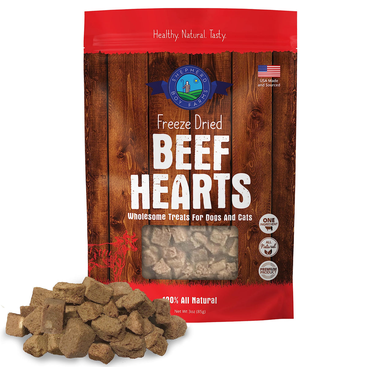Shepherd Boy Farms freeze-dried beef heart treat pack shot highlighting a high-protein dog snack.